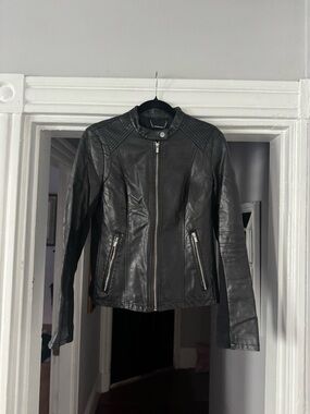 Express Black Leather Moto Jacket with Quilted Shoulders